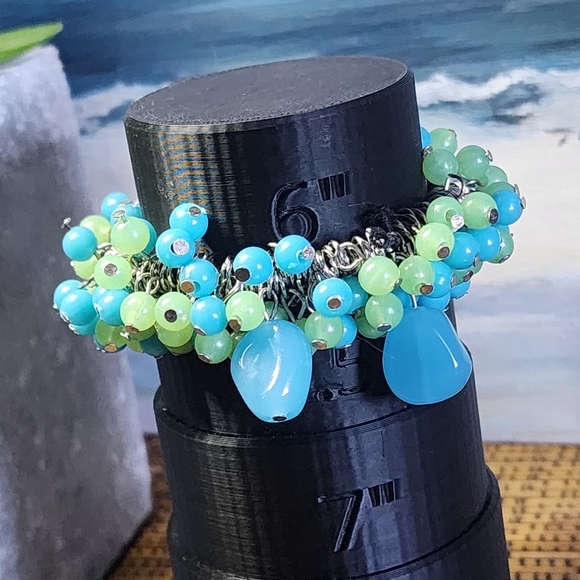 Silver Aqua Blue and Green Cha Cha Stretch Bracelet - Picture 5 of 6
